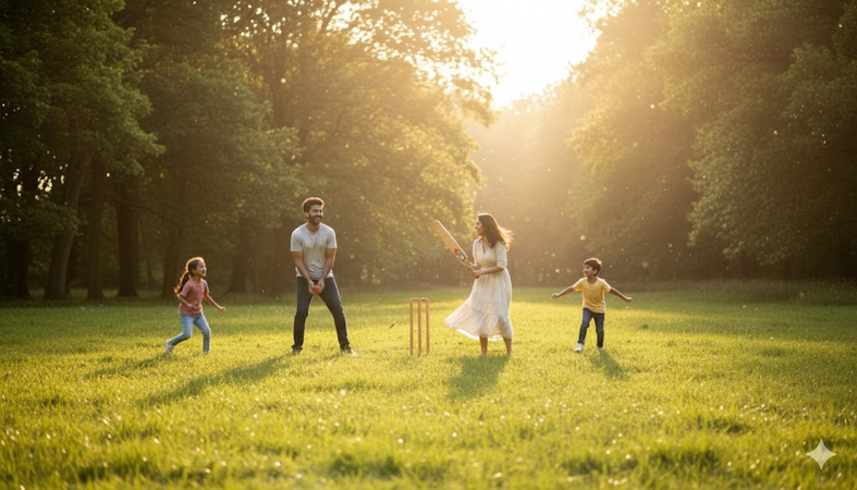 family playing cricket match