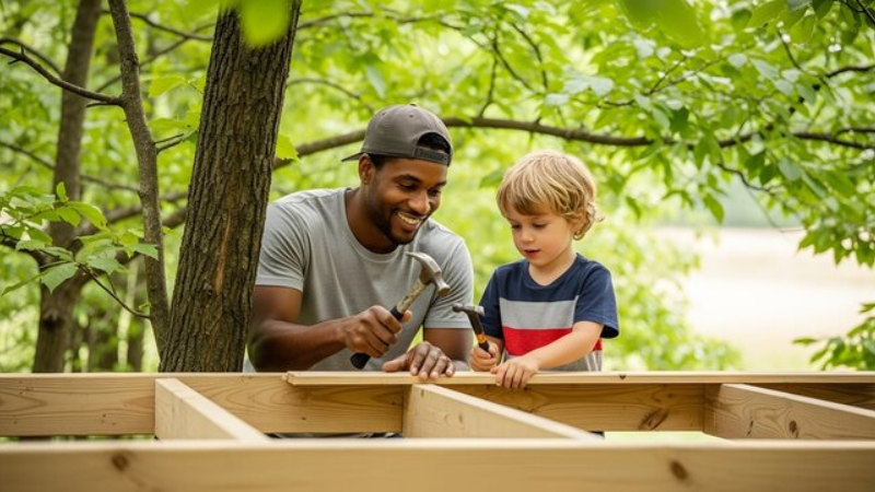 ai prompt father and son building treehouse