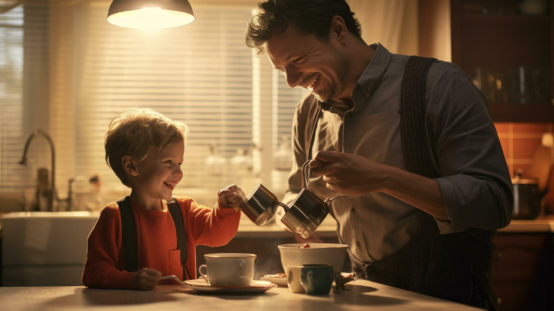 ai prompt father and son cooking breakfast