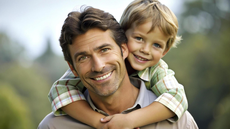 ai prompt father and son carrying on shoulders