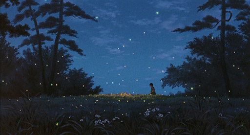 fireflies night anime landscape