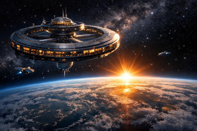 an image of an orbital hotel floating above earth