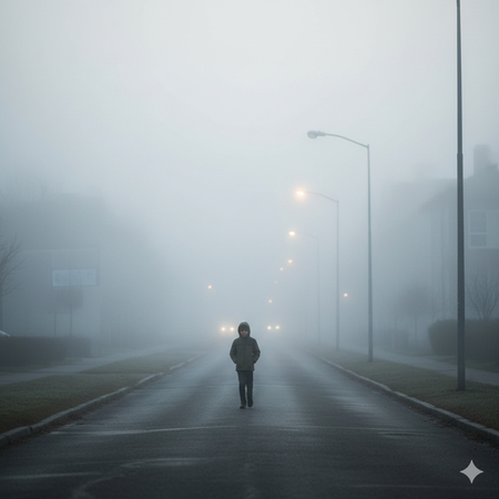 lonely sad boy walking in fog