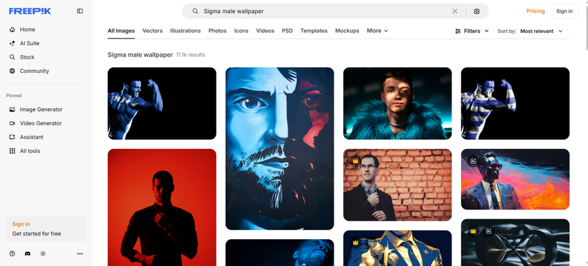 freepik homepage displaying sigma wallpaper and free downloads