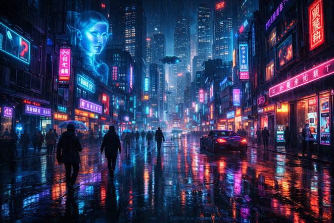 ultra detailed cyberpunk city at night with neon lights and rainy streets