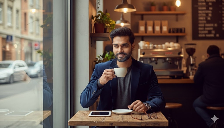 gemini boy prompt enjoying coffee protrait
