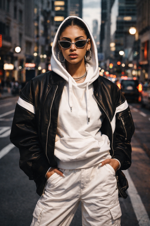 fashion editorial photo of a model wearing modern streetwear in an urban setting