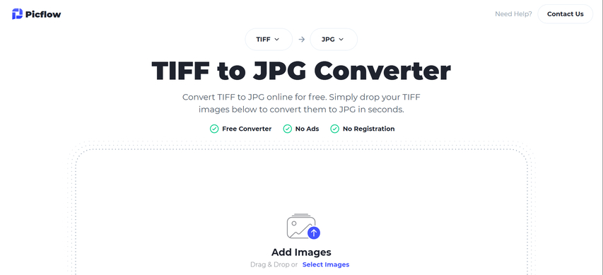 picflow tiff to jpg converter homepage screenshot
