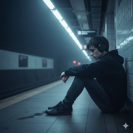 lonely sad boy wearing hoodie and headphones