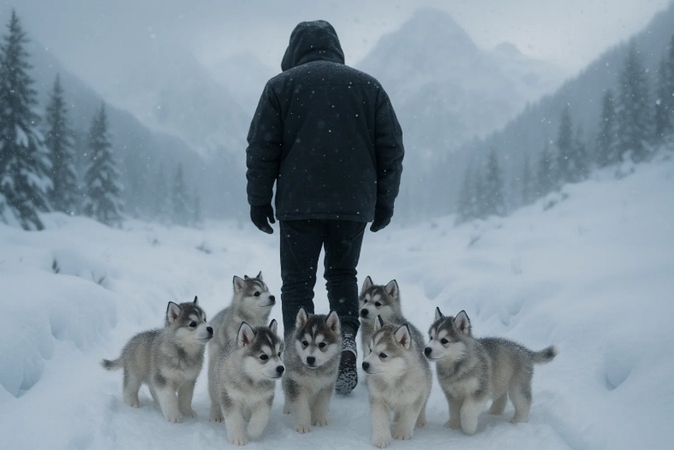fluffy husky puppies on snowy trail