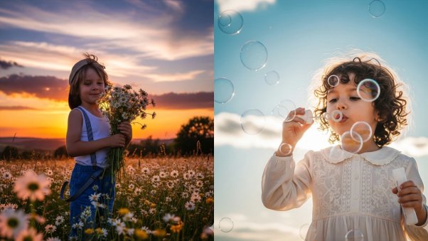 kids playing outdoors holding flowers and blowing bubbles