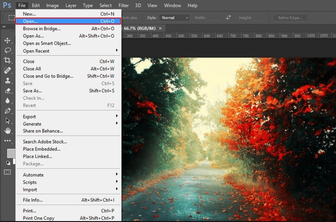 포토샵에서 파일 메뉴 클릭 후 Open 선택