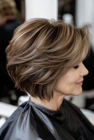 layered bob with highlights for women over 60