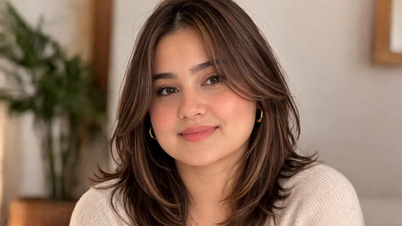 layered shoulder length hairstyle for round face