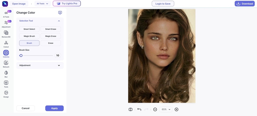 محرر الصور LightX لتغيير لون البشرة أونلاين