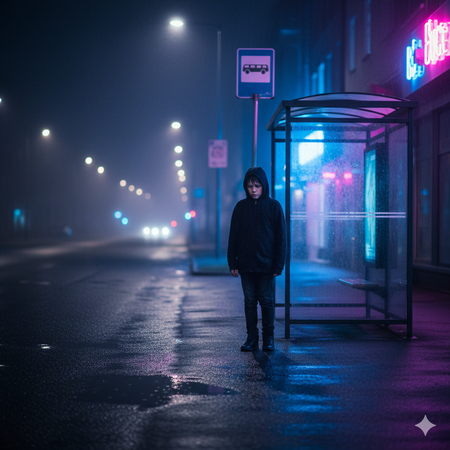 sad boy waiting alone at night bus stop