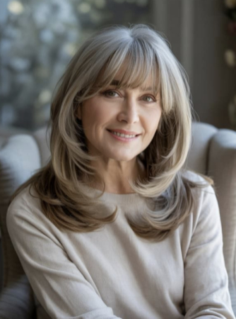 long with face framing layers for women over 60