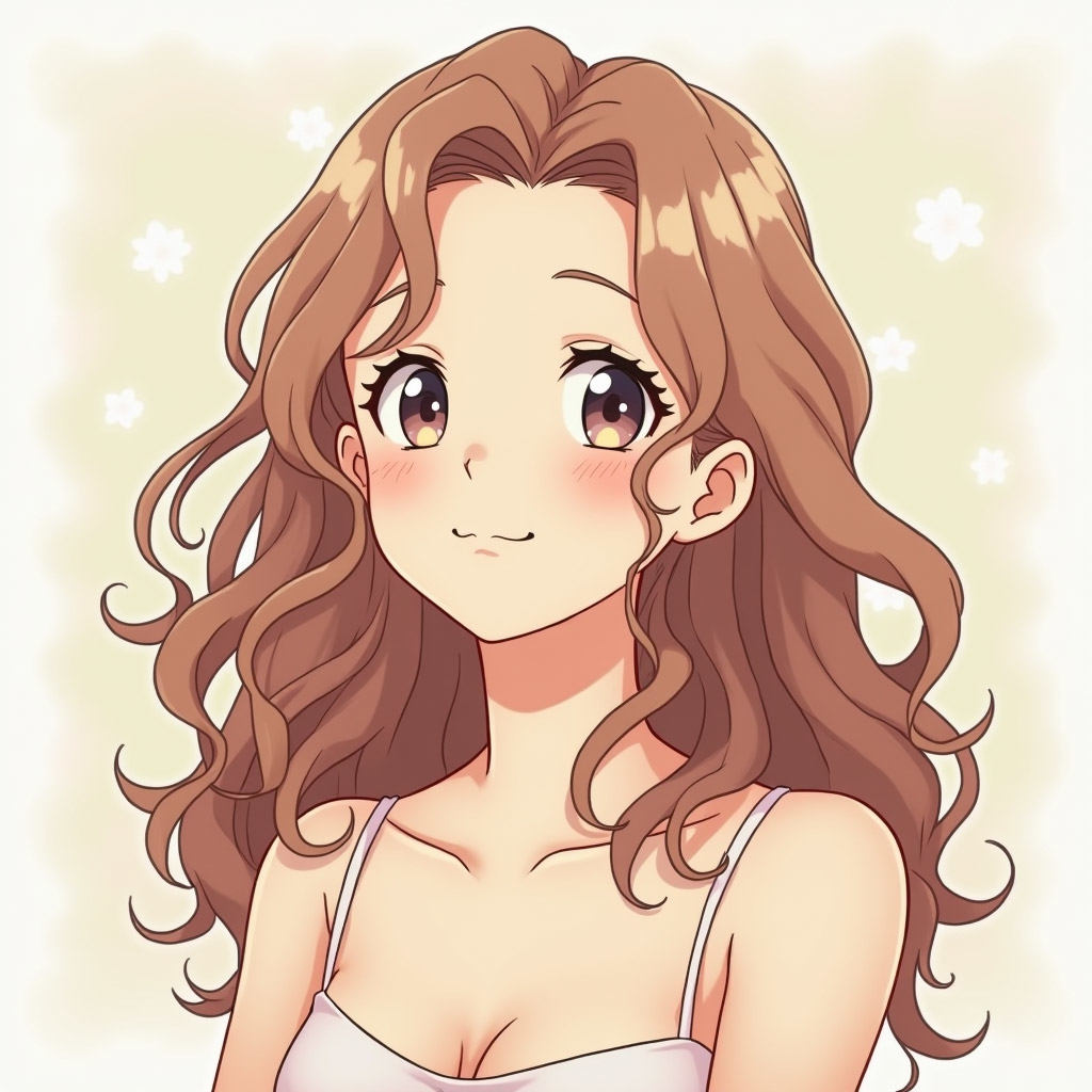 Anime girl with loose curly hair, soft waves, gentle expression illustration