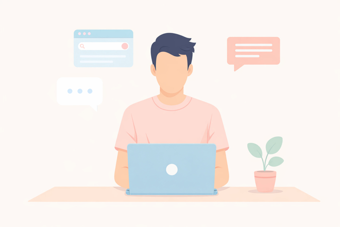 flat minimalist illustration of a person working on a laptop with pastel colors