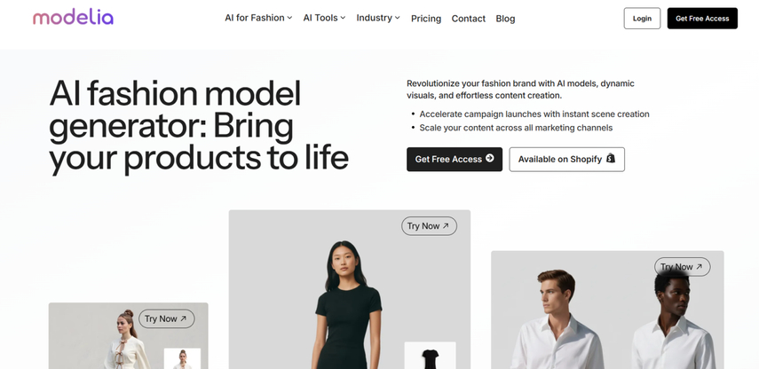 Modelia.ai 의류 모델의 홈페이지 스크린샷