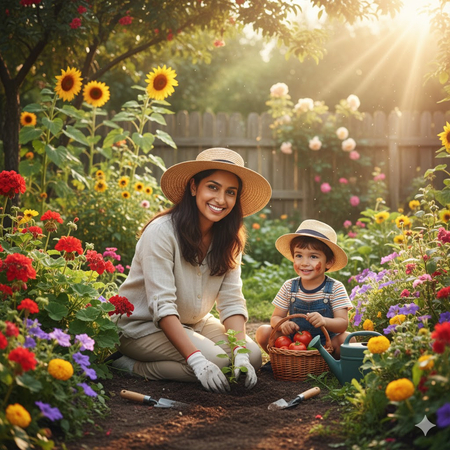 mother and son gardening