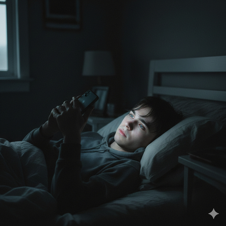 sad boy using phone in dark room