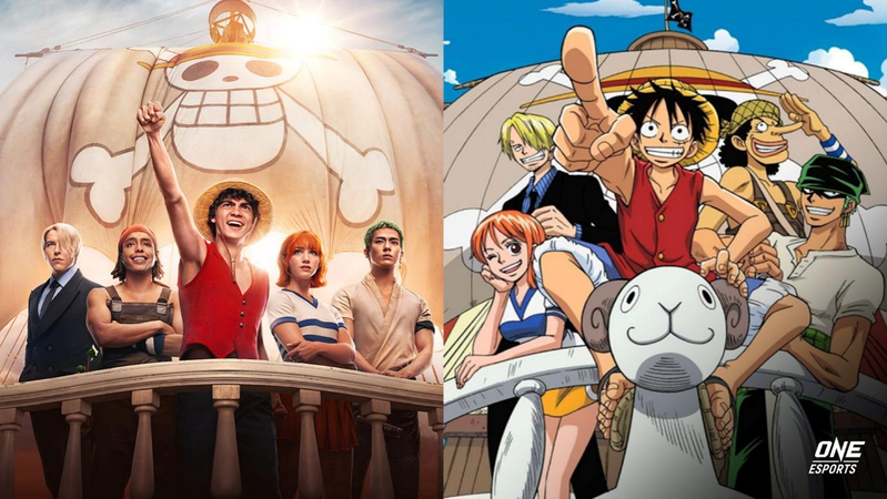 straw hat pirates anime version next to the netflix live action cast on the ship deck