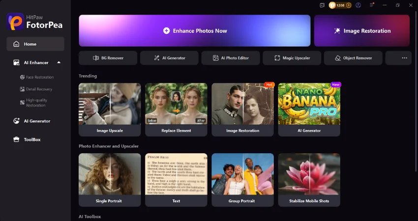 open hitpaw fotorpea and click on enhance button