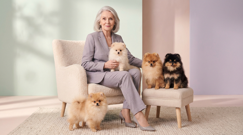 pomeranian puppies around seated person