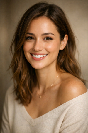 photorealistic studio portrait of a smiling young woman with warm lighting and soft background blur