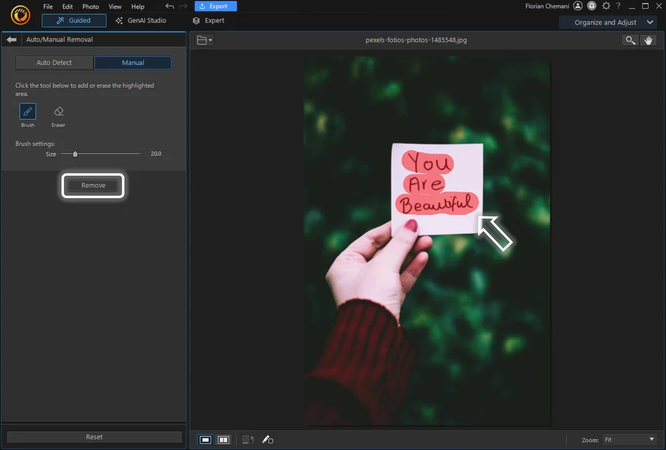 photodirector removing text from photo
