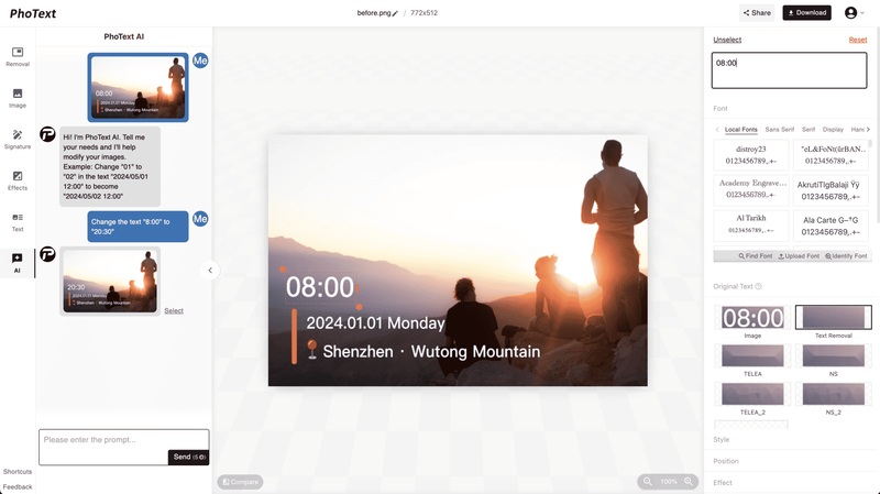phototext editing timestamp on sunset mountain photo