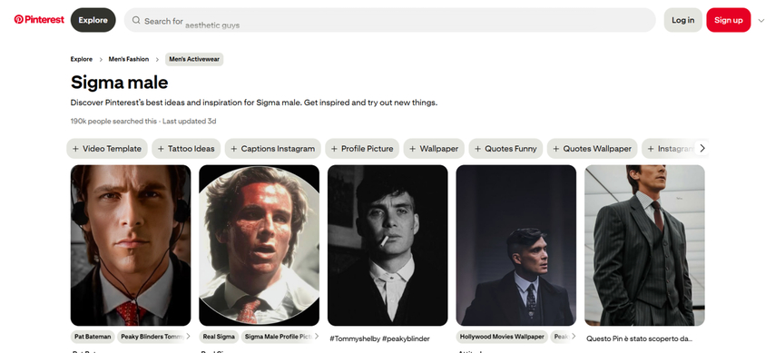 pinterest homepage showing sigma male wallpaper 4k search results