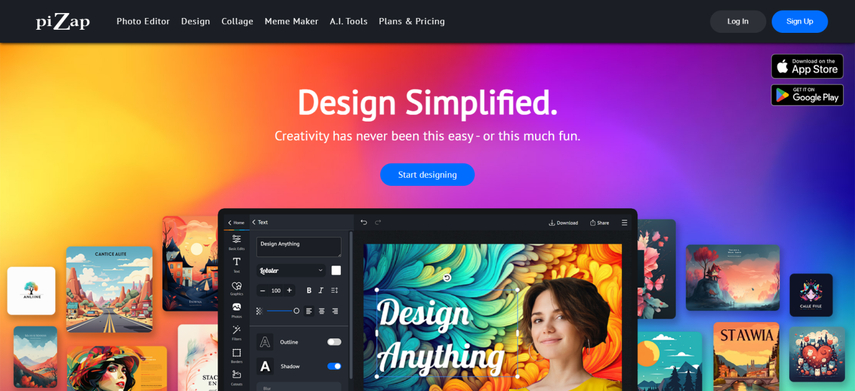 디자인 도구 PiZap 홈페이지 스크린샷