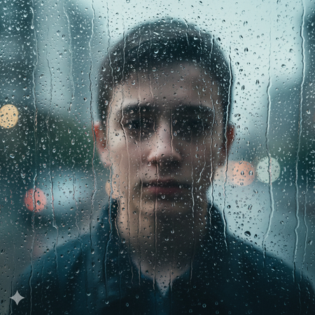 sad face behind rain covered glass