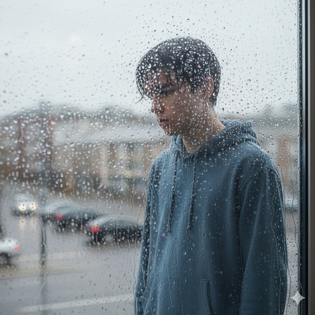 sad boy looking through rainy window