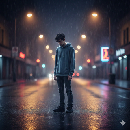 sad boy standing on rainy street at night