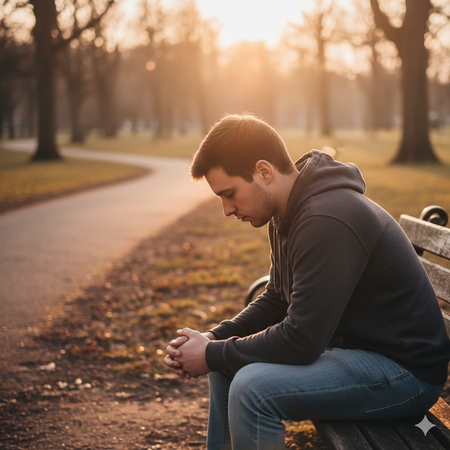 sad boy sitting alone on park bench