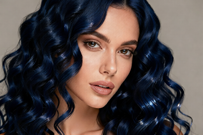 shiny curly dark blue hair