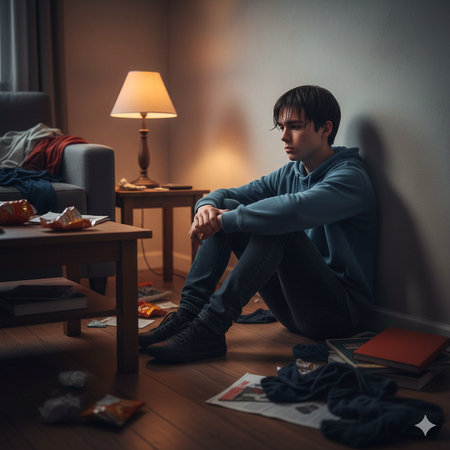 sad boy sitting alone indoors