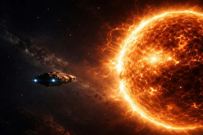 space ship floating close to a dying star
