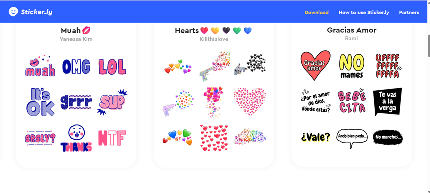 Sticker.ly 홈페이지 스크린샷