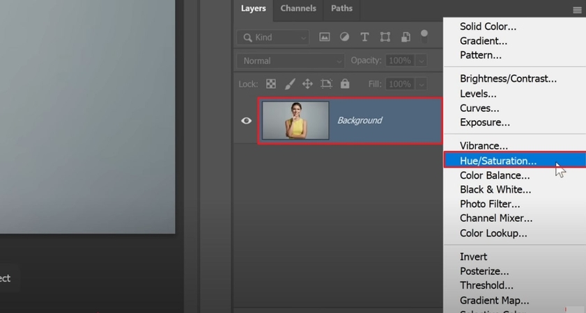 click hue saturation to initiate