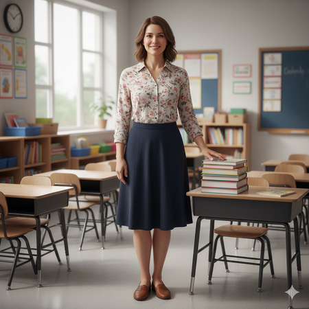 teacher standing in classroom full body image