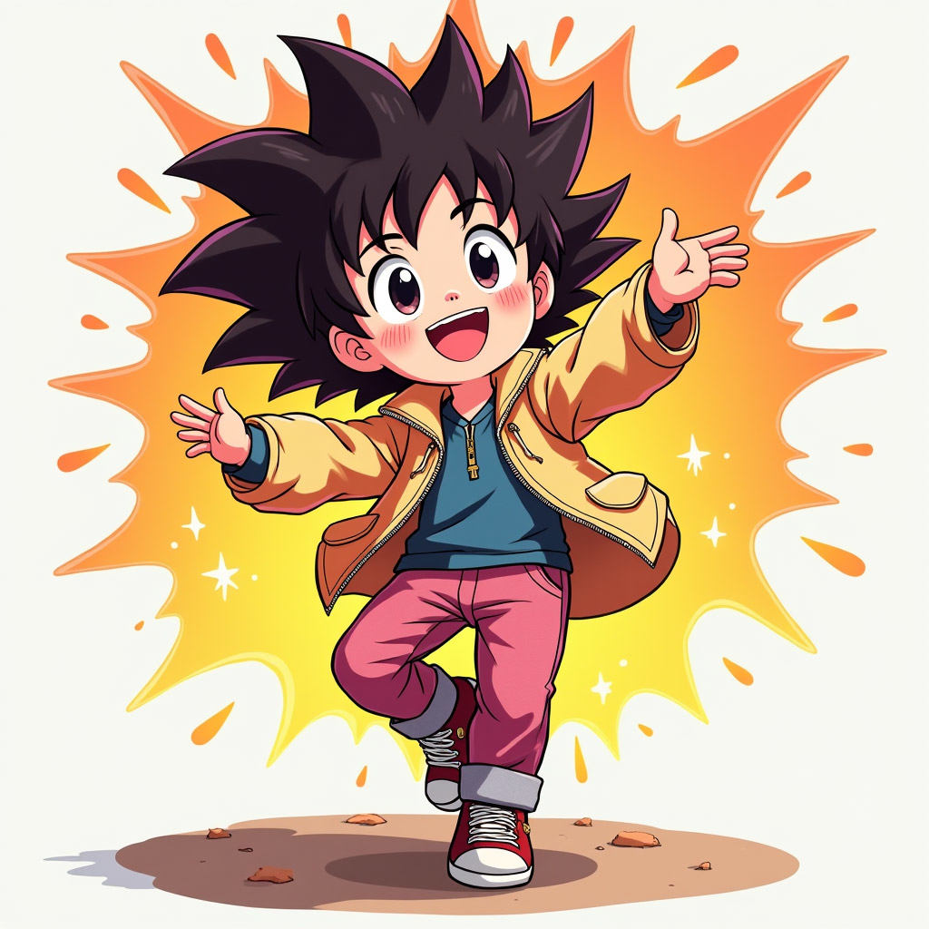 Cute anime character with tight curly hair, energetic style illustration