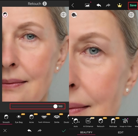얼굴 매끄럽게 하고 YouCam Perfect에 저장