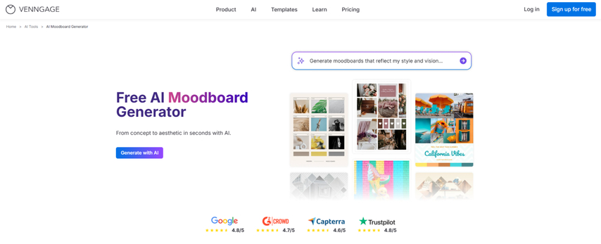 venngage dashboard showing ai generated moodboard layout