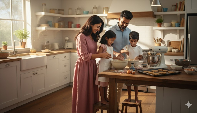 warm family moment in kitchen