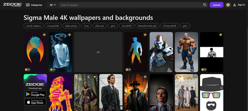 zedge platform homepage with sigma male wallpaper search option