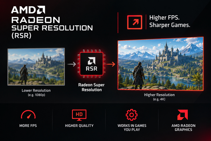 AMD Radeon Super Resolution (RSR) upscaling lower-resolution game video